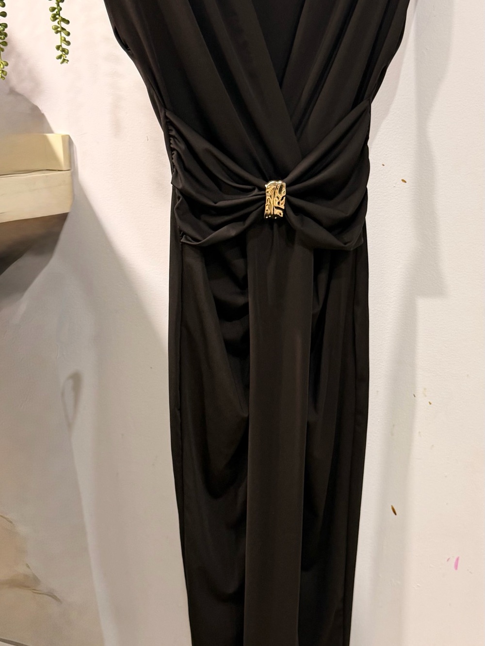 Elegant Black Maxi Dress with Gold Buckle Detail